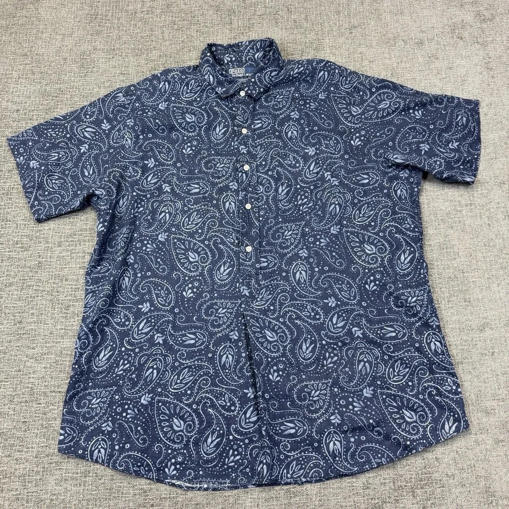 Vtg Polo Ralph Lauren Cambridge Linen Shirt Men's‎ XL Blue Paisley 1/2 Button Up